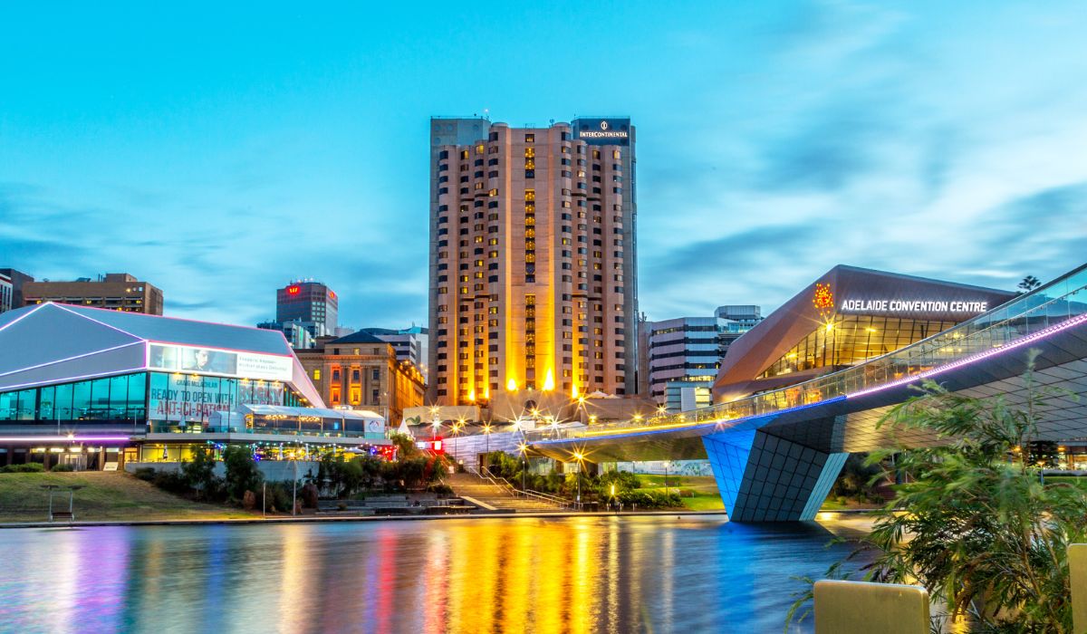 The exterior of InterContinental Adelaide right by the river.